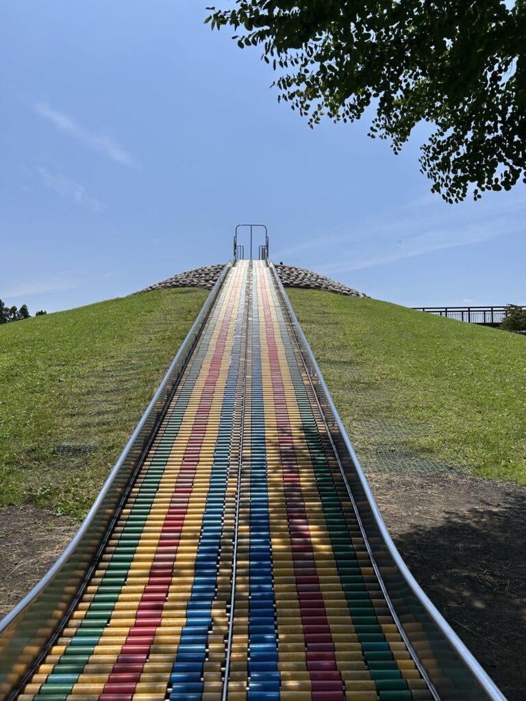 カラフルなローラーすべり台が見える公園の景色